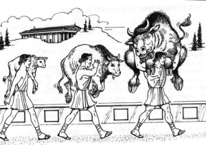 Milo carries a calf every day until it grows into a bull which displays progressive overload and the value of being a strong parent.