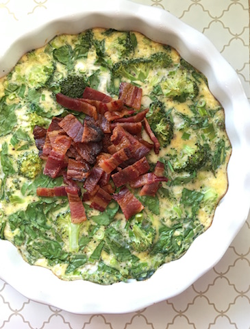 Energizing Spinach and Onion Paleo Quiche,. Top with bacon for a delicious dinner. No sugar added!
