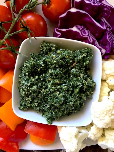 This Carrot Top Pesto is nut-free, dairy-free and delicious as a dip, spread or sauce. 