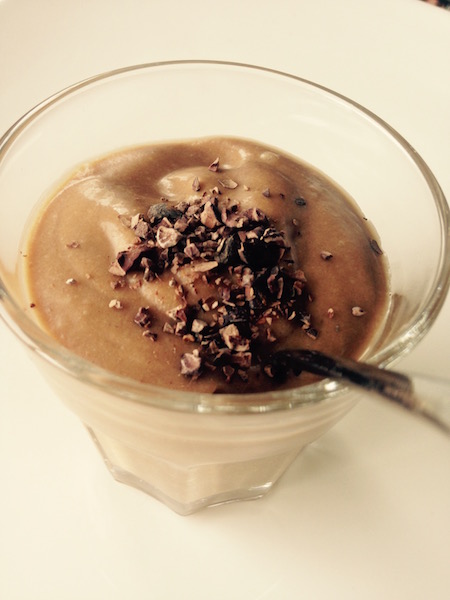 This energy boosting cacao smoothie is delicious topped with raw cacao nibs as pictured