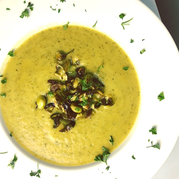 This Zucchini Soup with Roasted Brussels Sprouts makes for a great breakfast, lunch or dinner. Pictured here topped with roasted Brussels sprouts. 
